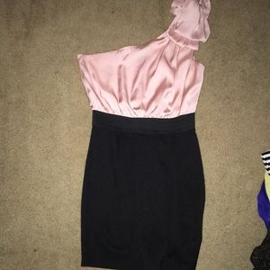 Silk pink one shoulder top with black bottom